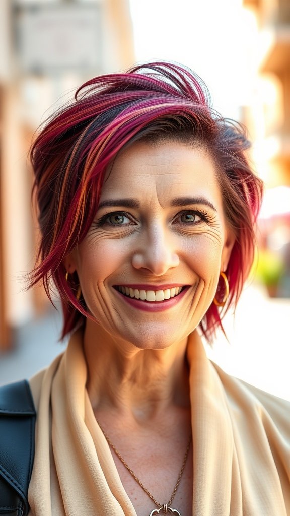 A woman with a vibrant twisted half-up, half-down hairstyle, smiling confidently.