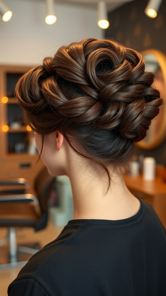 A voluminous chocolate brown updo hairstyle featuring intricate loops and braids.