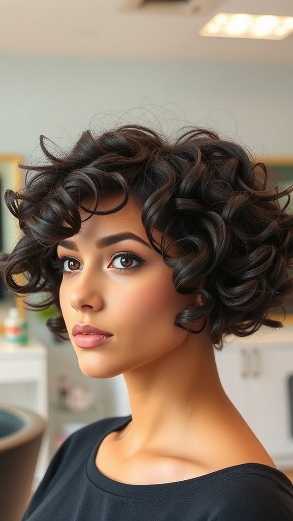 A woman with a wavy bowl cut hairstyle, showcasing soft curls and a rounded shape.