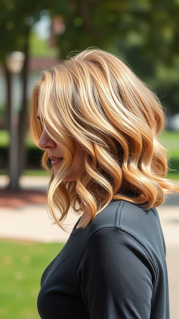 A woman with a wavy lob hairstyle, featuring minimal layers, showcasing a soft and elegant look.