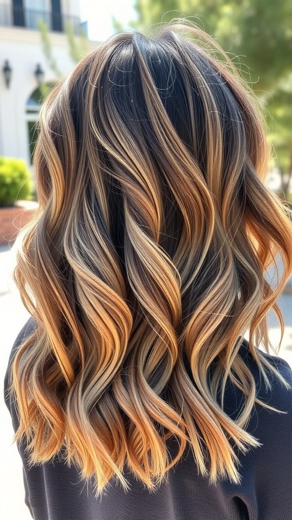 Wavy lob hairstyle with sun-kissed balayage highlights