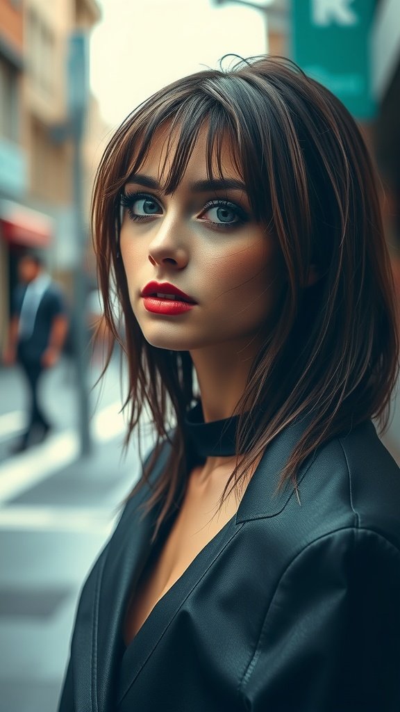 A model with wet-look curtain bangs, showcasing a chic hairstyle.