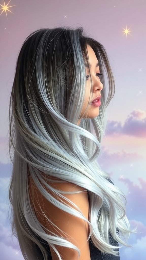 A woman with long silver ombre hair, showcasing a blend from dark roots to shimmering silver ends against a dreamy background.