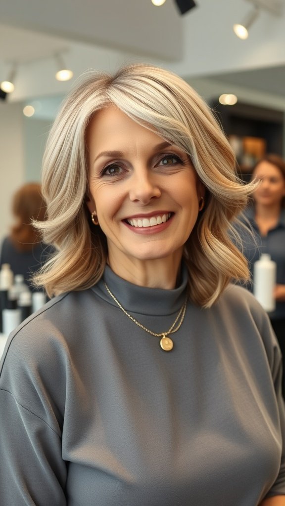A woman with an angled lob hairstyle featuring soft waves, smiling confidently.