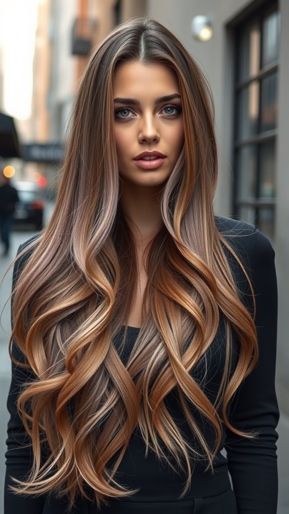 A woman with long, wavy hair featuring an Antique Rosewood Fade hairstyle, showcasing a blend of pink and brown tones.