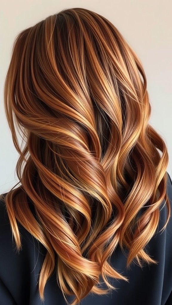 A beautiful hairstyle featuring auburn hair styled in dimensional waves.