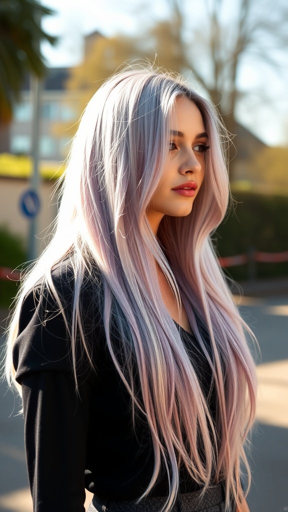 A woman with long blonde hair featuring lavender tips, standing outdoors.