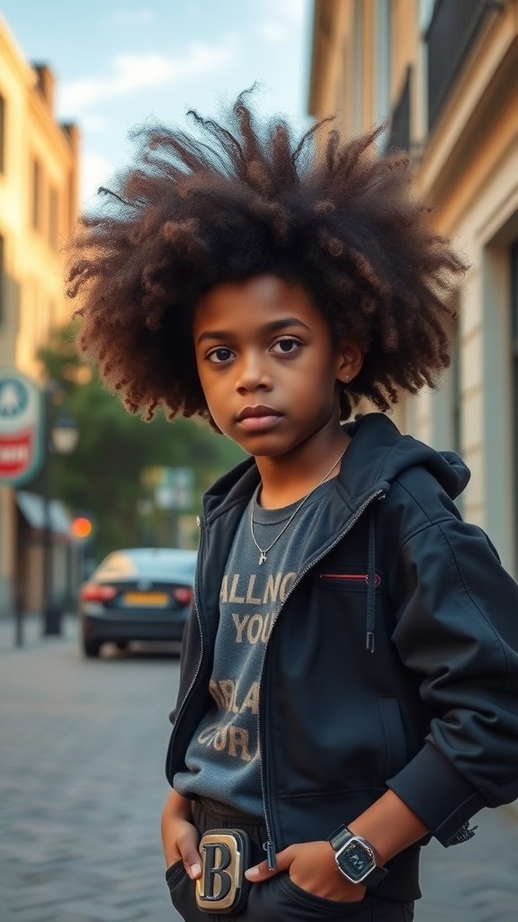 A young boy with a blown out afro hairstyle, wearing a casual outfit, standing confidently on a city street.