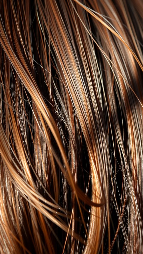 Close-up of hair with bronzed brown highlights on a dark brown base