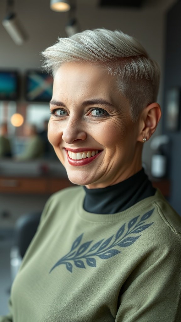 A woman with a buzz cut featuring an etched design, smiling confidently in a stylish outfit.