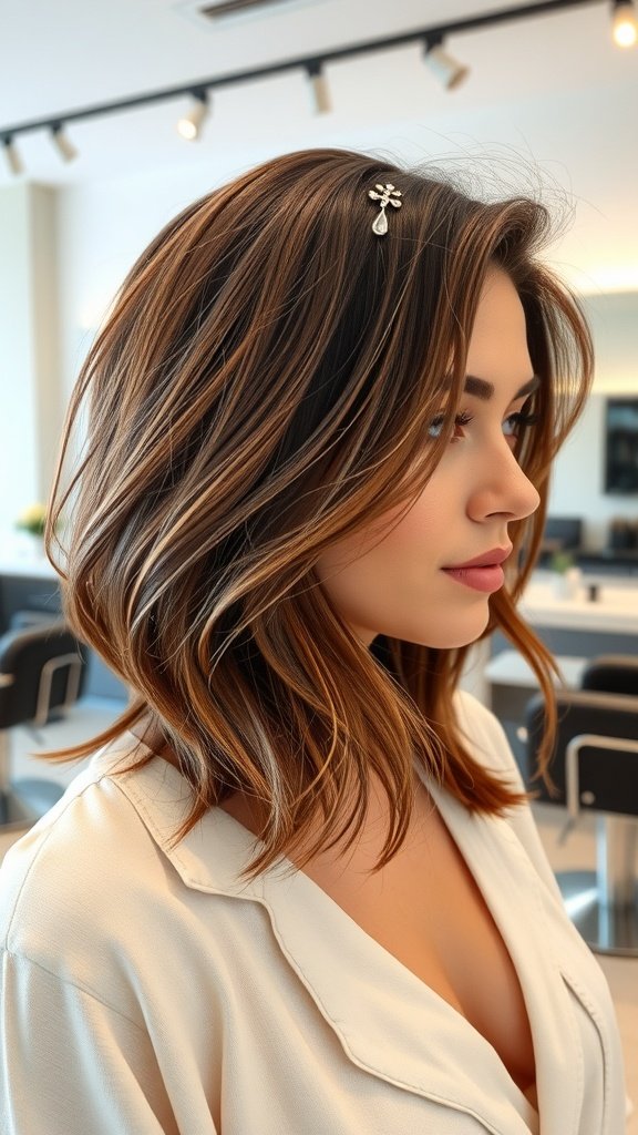 A woman with caramel brown hair featuring vanilla money piece highlights, styled elegantly with a hair accessory.