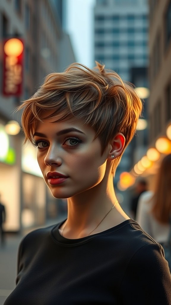 A stylish young woman with a caramel macchiato bixie haircut, showcasing soft layers and warm tones in an urban setting.
