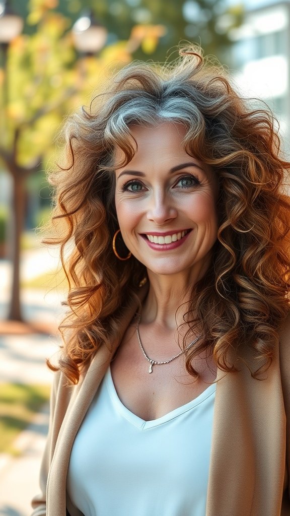 A woman with cascading curly layers, smiling outdoors.