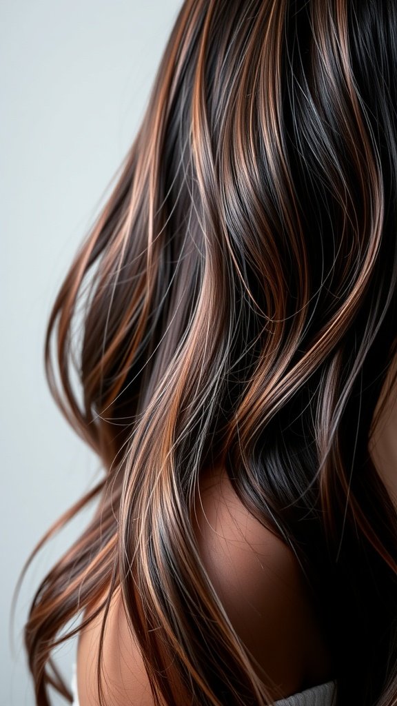A close-up of hair with cascading dark rose highlights, showcasing soft waves and rich colors.