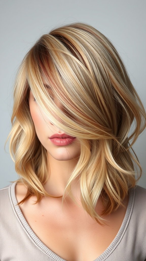 Choppy blonde hairstyle with burgundy lowlights