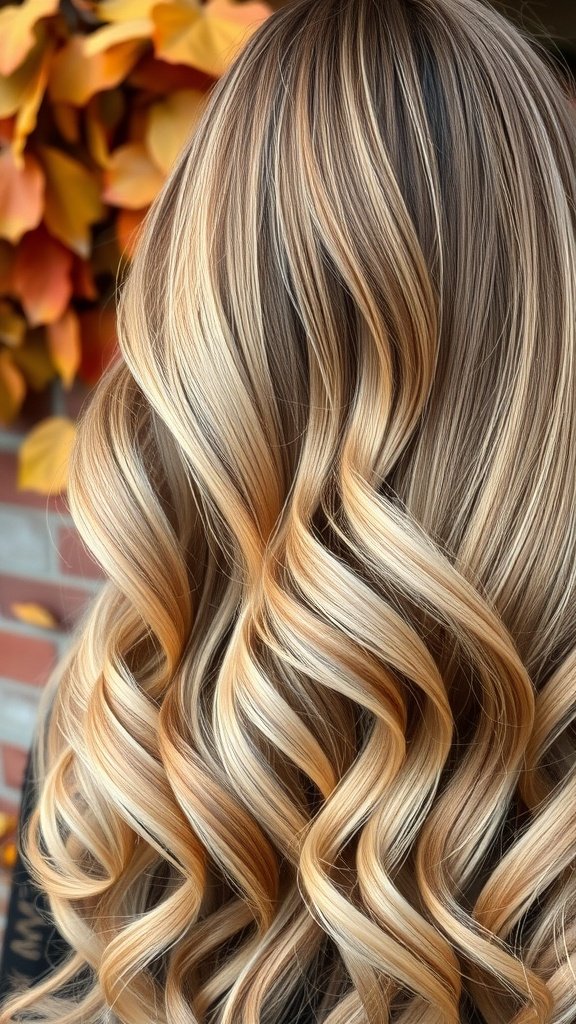 A close-up of hair styled in cinnamon-dusted blonde balayage with soft curls.