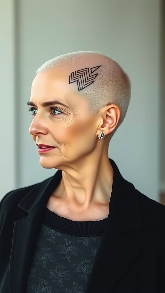 A woman with a close-cropped buzz cut featuring a geometric design on the side.