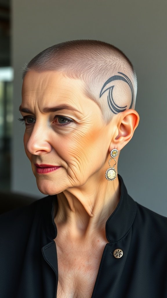 A woman with a close-cropped buzz cut featuring geometric designs, wearing elegant earrings and a stylish top.