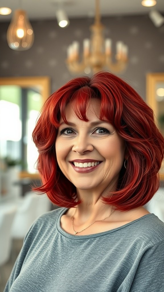 A woman with a curly bob hairstyle featuring red highlights, smiling in a stylish salon.