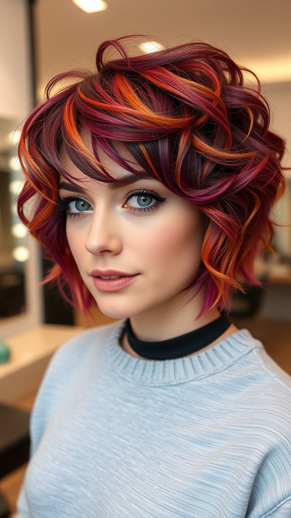 A woman with a curly undercut bob hairstyle featuring bold highlights in shades of red and orange.