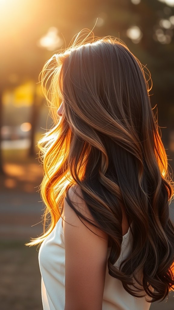 A woman with dark brown hair featuring caramel highlights, illuminated by sunlight.