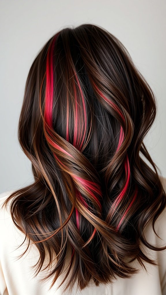 Dark brown hair with coral highlights styled in loose waves