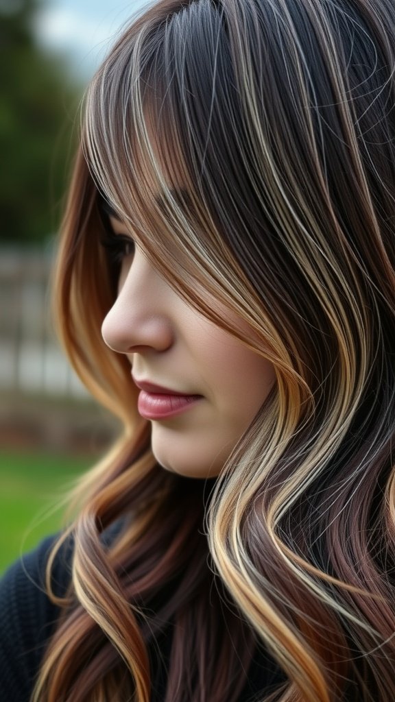 A woman with dark maroon hair featuring light blonde streaks, showcasing a stylish hair color combination.
