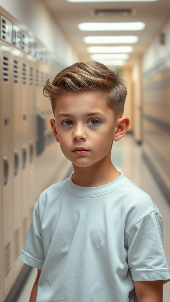 A boy with a stylish Double-Line Design haircut standing in a school hallway.