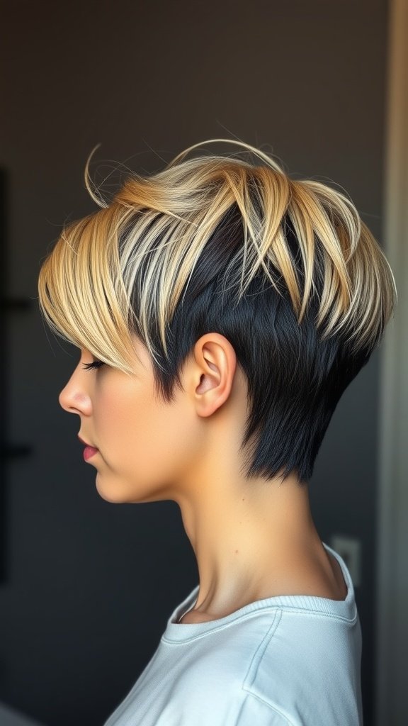 A woman with a dual-toned pixie haircut featuring blonde hair and dark roots, showcasing a stylish and modern look.