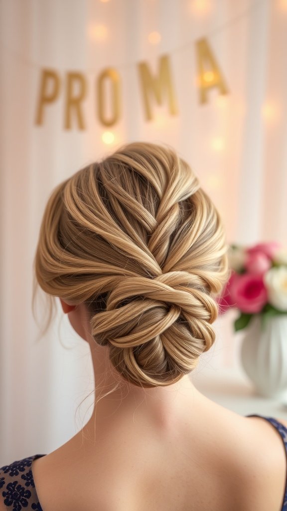 A beautiful Dutch braid leading into a low bun, perfect for prom hairstyles.