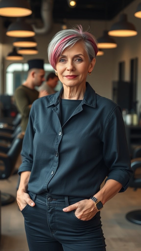 A stylish woman with an edgy short haircut and angular bangs, showcasing a modern look.