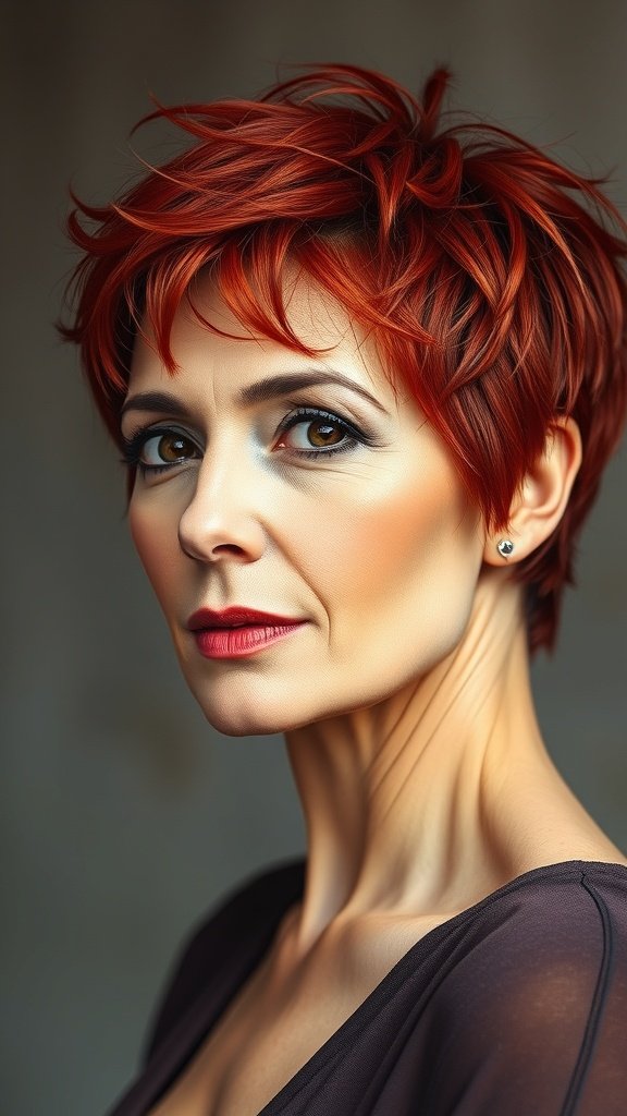 A woman with a fiery red pixie hairstyle featuring choppy texture, showcasing confidence and style.