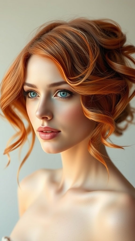 A model showcasing a glossy copper blowout hairstyle with soft curls.
