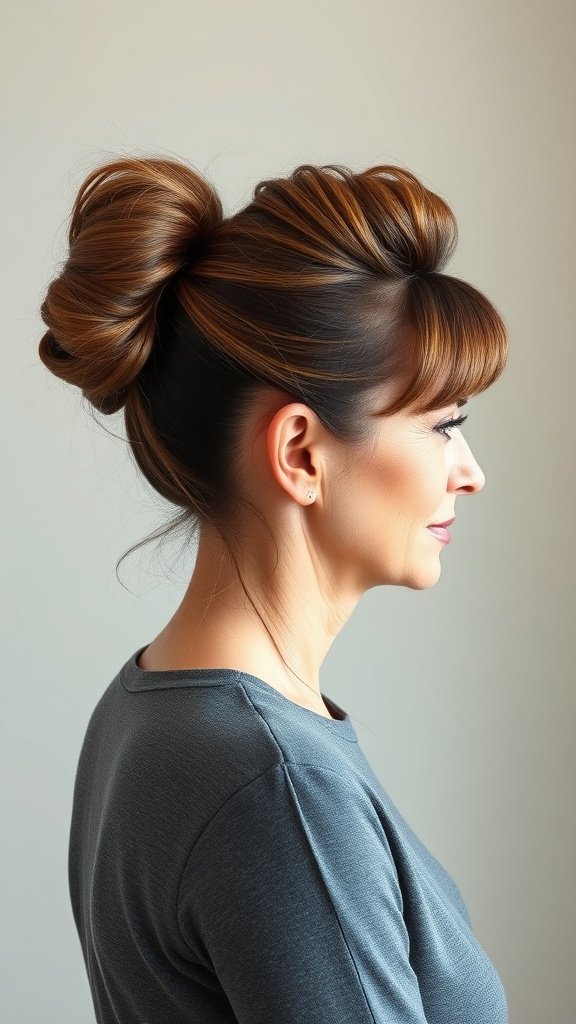 A woman with a high ponytail and teased crown hairstyle, showcasing volume and elegance.
