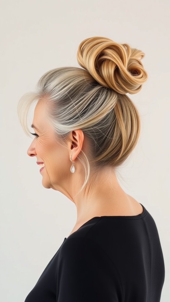 A woman with a high ponytail and teased crown hairstyle, showcasing a stylish look for thin hair.