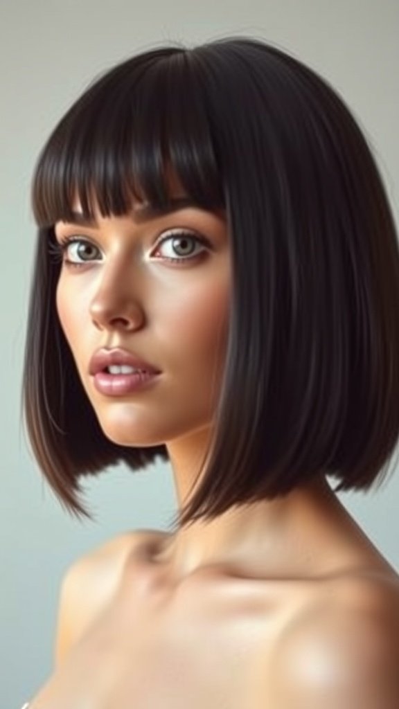 A woman with a jaw-length bob hairstyle and micro bangs, showcasing a stylish and modern look.