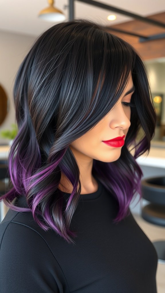 A woman with jet black lob hairstyle featuring purple undertones, styled with soft waves.