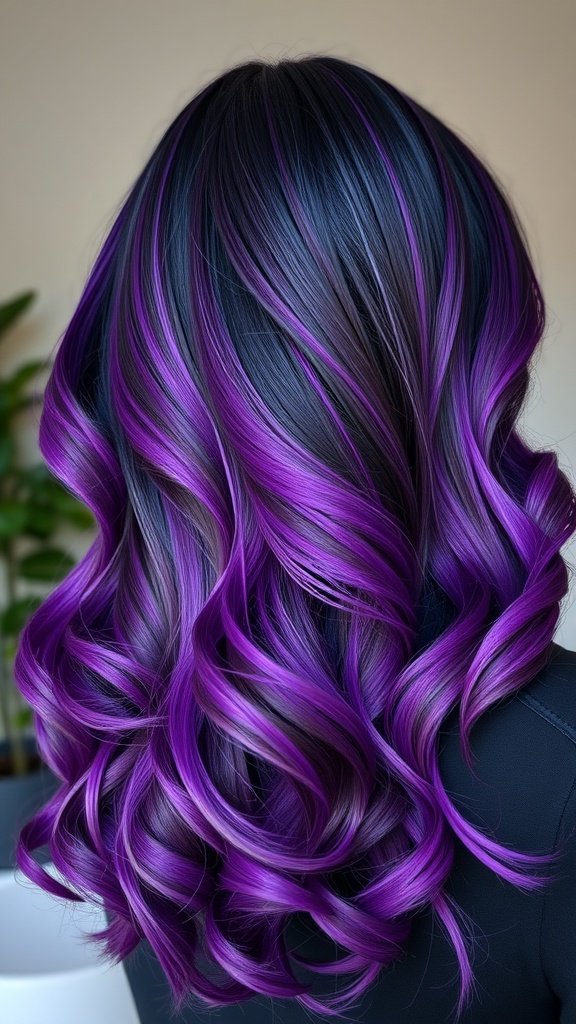 A hairstyle featuring a jet black to electric violet ombre with soft waves.