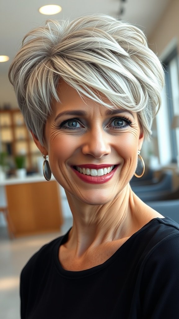 A woman with a layered pixie cut and voluminous top, smiling confidently.