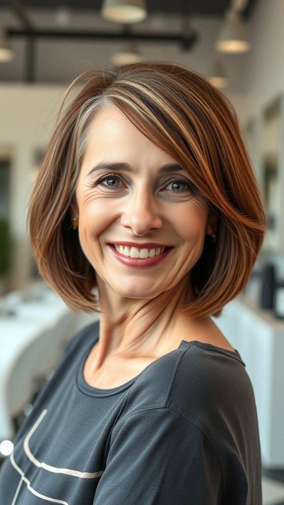 A woman with a lob hairstyle featuring a side-swept fringe and tapered back, smiling in a salon.
