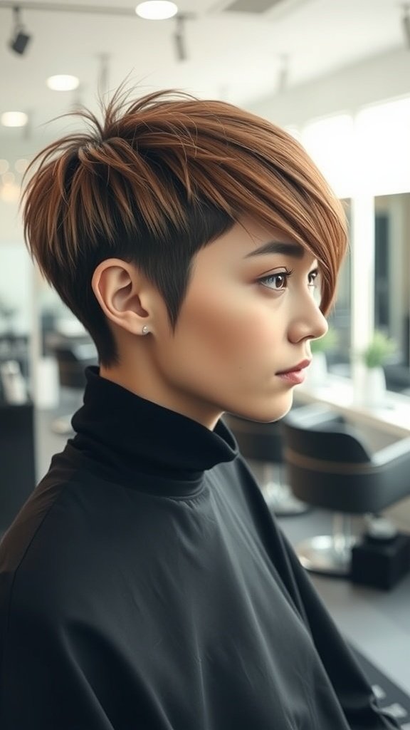 A stylish long pixie haircut with tapered sides, showcasing volume and modern flair.