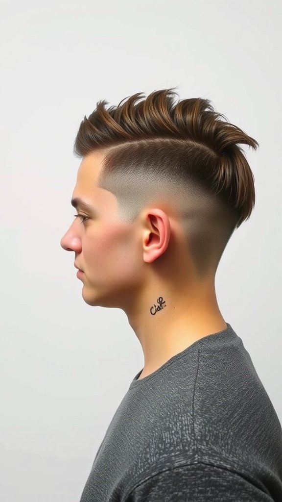 Long razor cut hairstyle with a hidden undercut, showcasing volume on top and shaved sides.