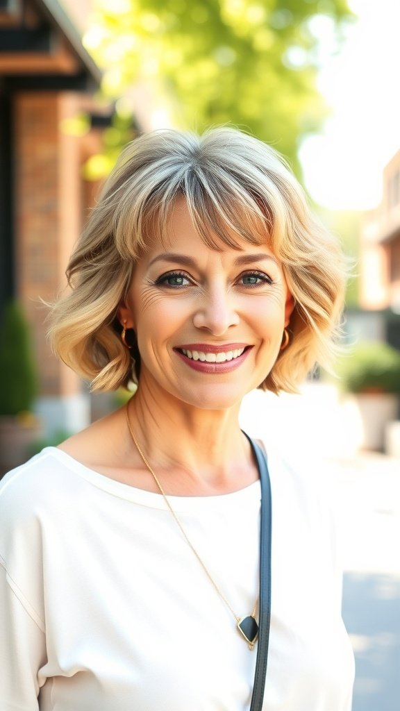 A woman with medium wavy hair and layered bangs, smiling outdoors.