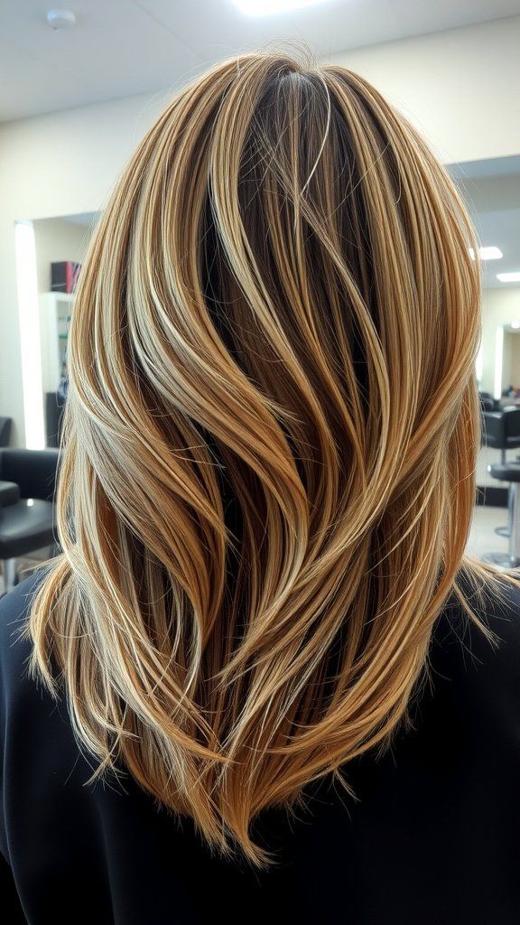 Mid-length feathered haircut with highlights, showcasing soft waves and layered texture.