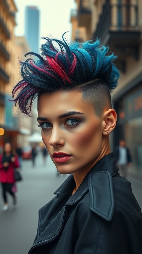 A person with a colorful mohawk hairstyle featuring tight curls, standing in an urban setting.