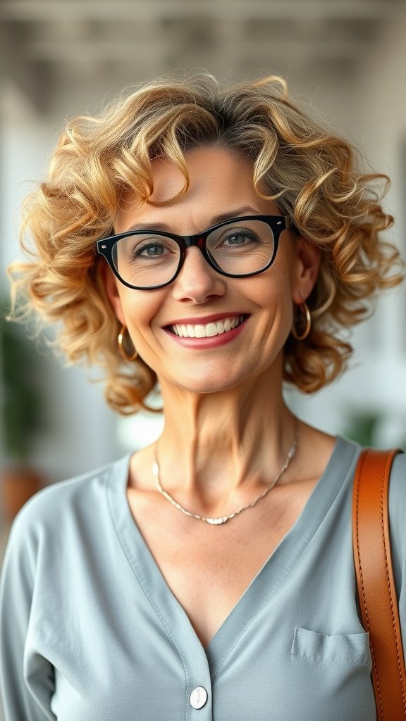A woman over 50 with natural curls and honey highlights, wearing glasses and smiling.