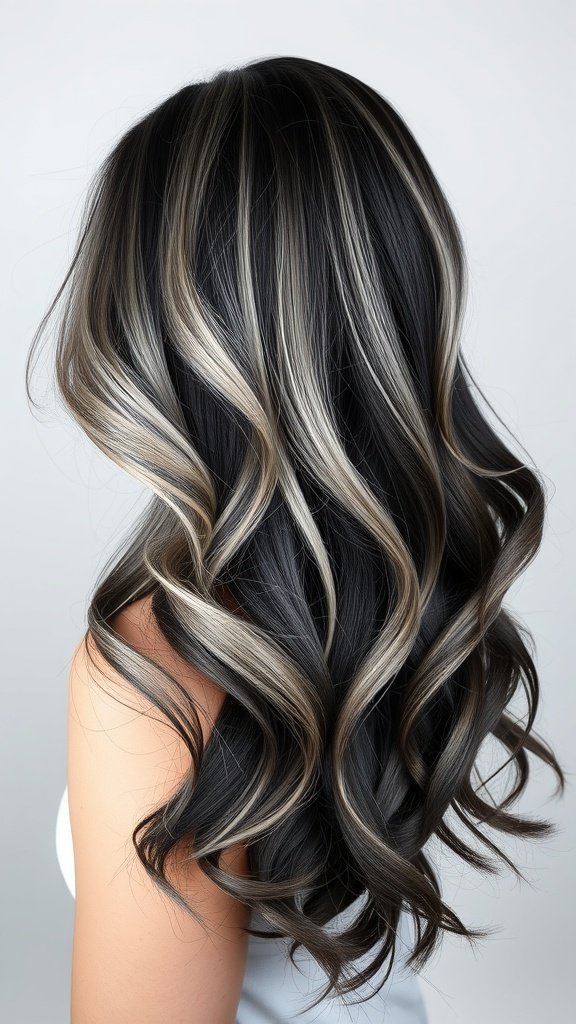 A woman with onyx hair featuring whisper gray highlights styled in soft waves.