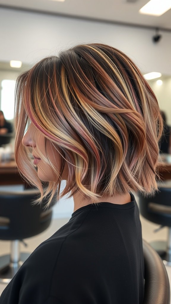 A stylish peek-a-boo undercut bob haircut with layered hair in soft hues.