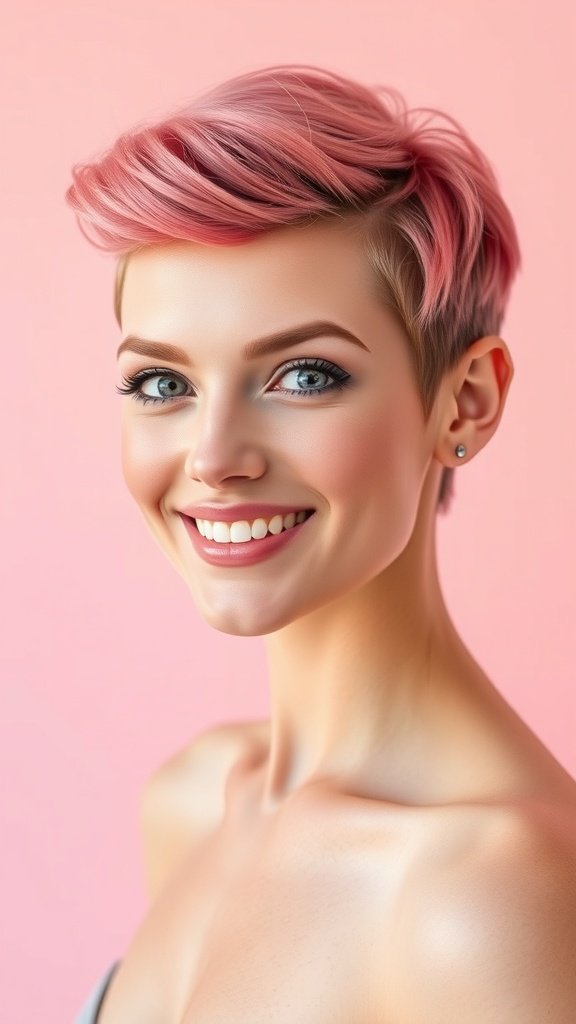 A woman with a pinkish-red undercut hairstyle, smiling against a pink background.