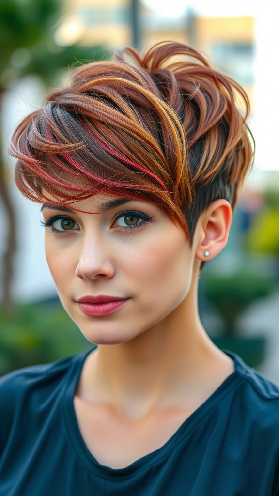 A woman with a pixie haircut featuring defined twirl edges and subtle highlights, showcasing a stylish and modern look.